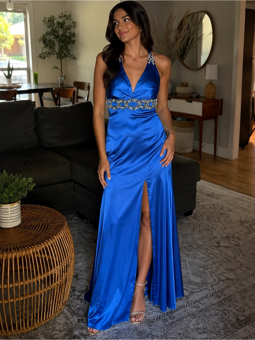Alyce Designs Embellished Cobalt Blue Halter Prom Dress